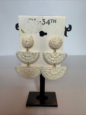 On 34th mixed Cream woven Raffia Double Drop Tower Earrings with Pearl Trim
